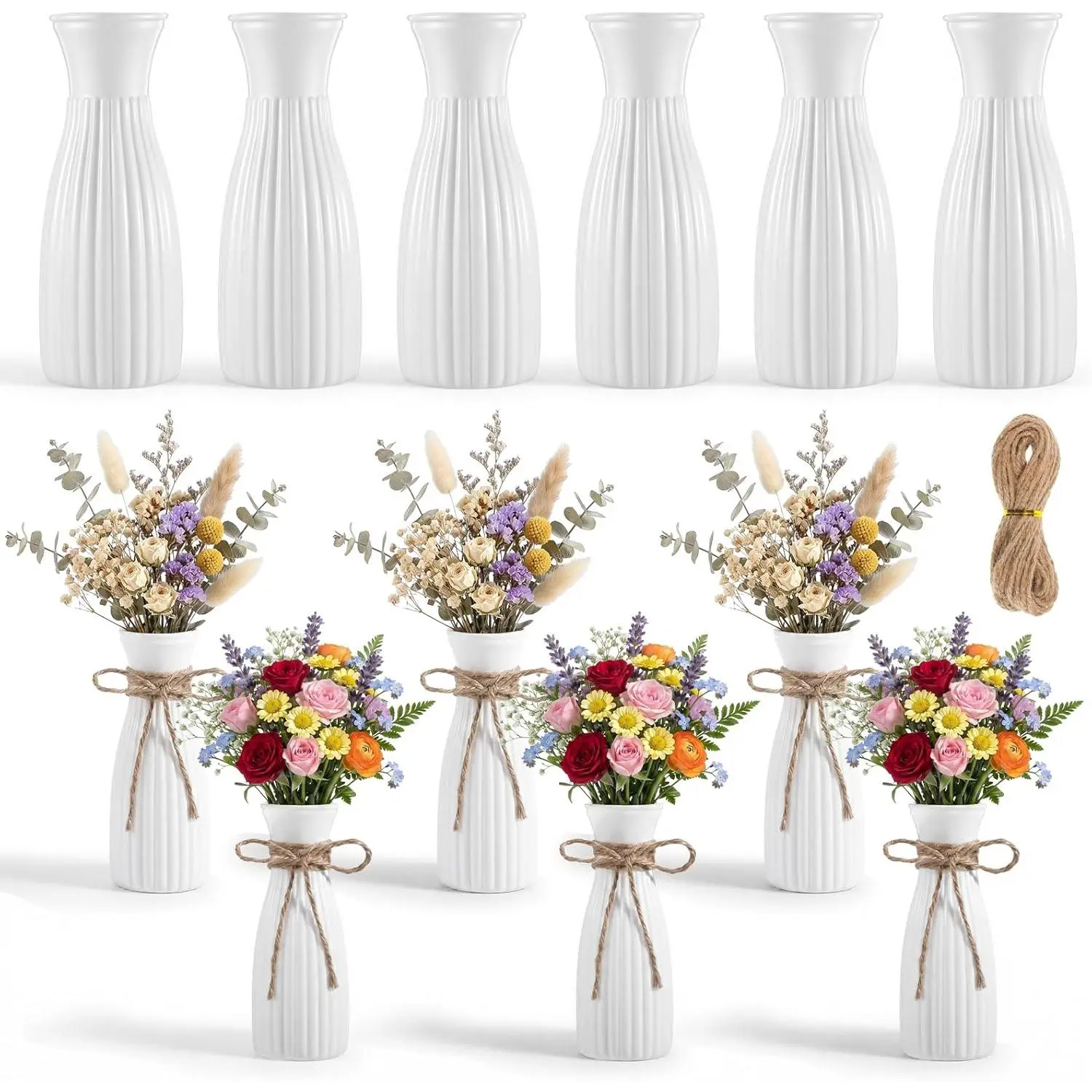 12 Pcs Plastic Flower Bud Vases Bulk with Twines Ropes, Small Plastic Vases Plastics-Bud Vases Bulk White Unbreakable-Vases for Home Decor, Living Room Office Bedroom Decor (White)