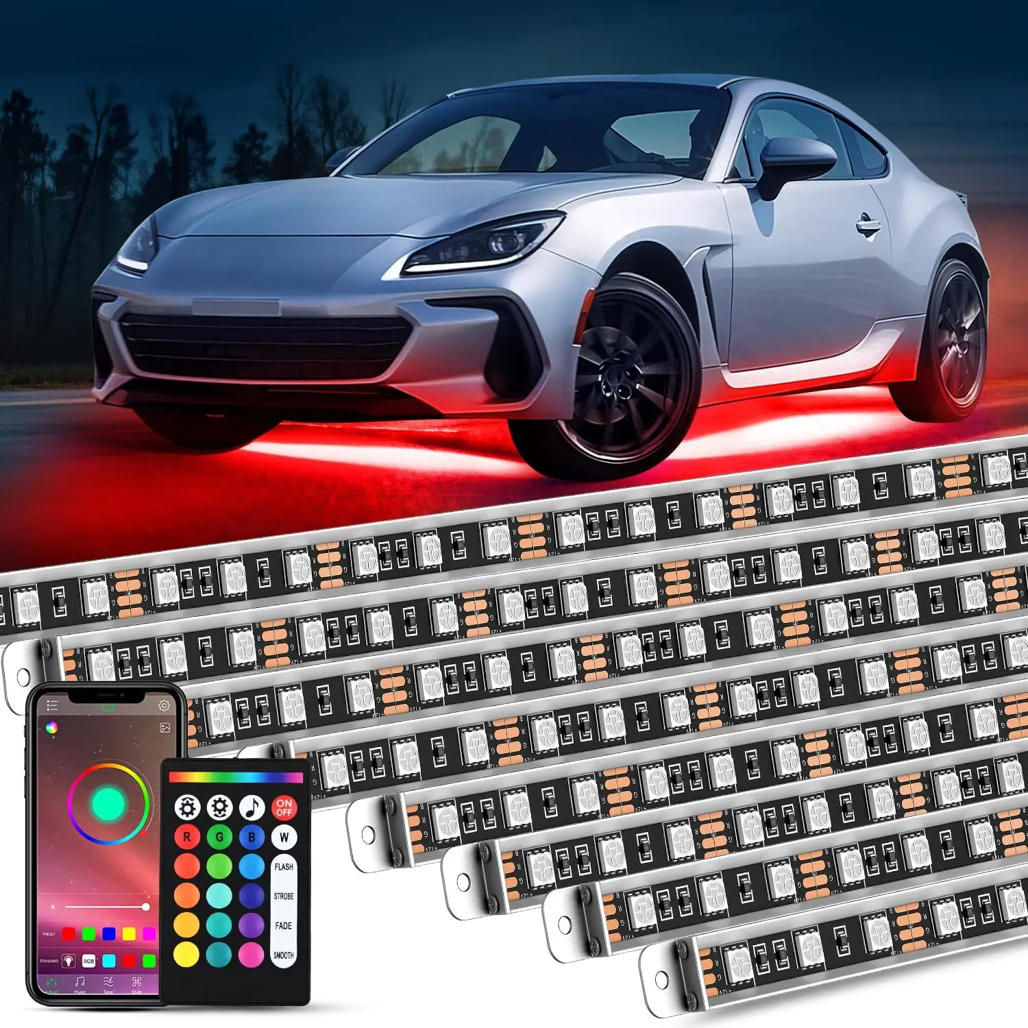 Nilight 8Pcs Multipack Aluminum RGB Underbody Light Strip Kit, 396 LEDs Underglow Neon Accent Lights, 50,000 Hours, Waterproof, APP & Remote Control, Sound-Active Music Mode, Door Assist for Car/Truck, Rhythm, 4-Way Flat Connector