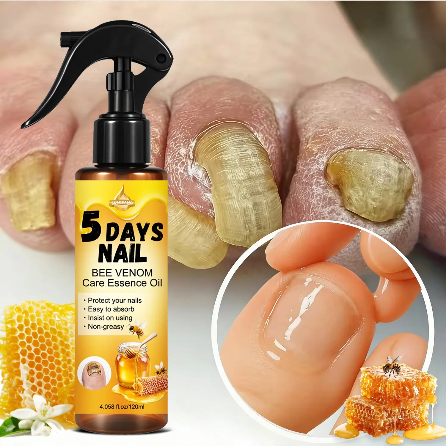 SUMIFANG Nail Care Essence Oil 120ml – Bee Venom + Collagen Peptides + Vitamin C – Strengthens and hardens nails, repairs damaged cuticles, enhances natural shine, fast-absorbing and non-greasy, Nail Strengthener Oil