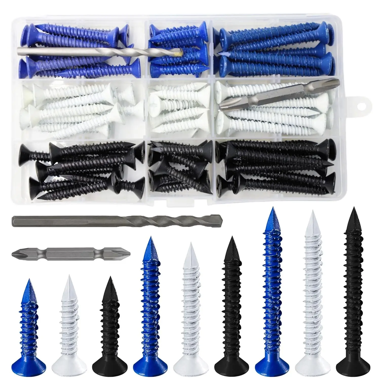 (105 PCS) 3/16" Concrete Screw Anchor Kit Blue/Black/White Flat Head for Anchoring to Masonry, Block or Brick Stucco