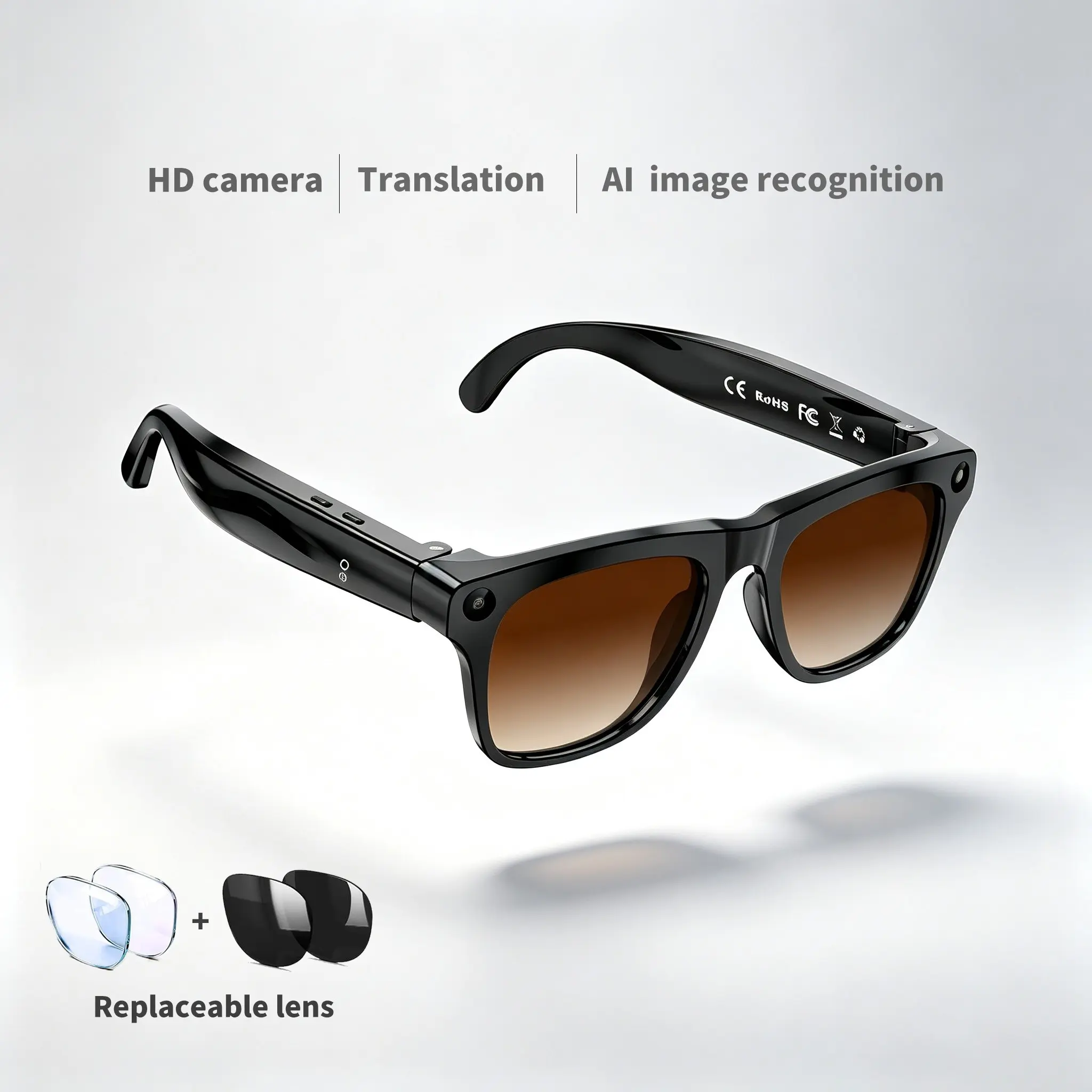 AI intelligent camera glasses,  with 8MP Camera, Voice Control, Real-Time Translation, WiFi Transfer, Replaceable Lenses, Multifunctional Wearable Eyewear,suitable for travel and outdoor activities