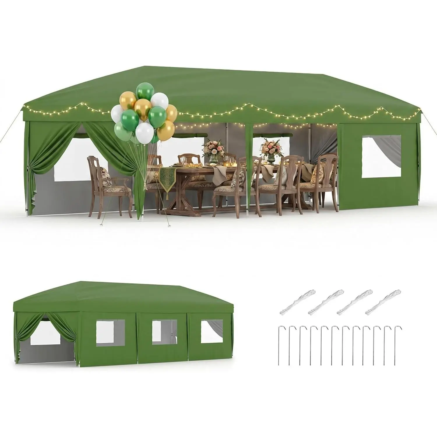 10x30 FT Green Instant Pop Up Canopy Tent Heavy Duty Outdoor Event Shelter 8 Detachable Side Panels Multi Use Sun Shade For Camping Patio Market Booth Beach Comes With Sandbags Stakes Guy Ropes And Roller Storage Bag