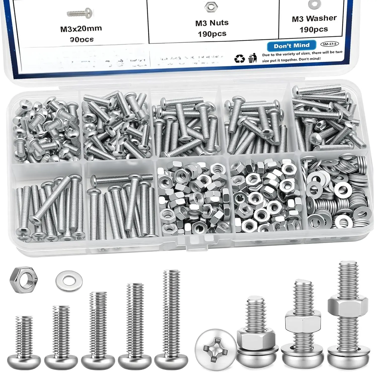570 count M3 Screws  Kit M3x6/10/14/16/20mm 5-Sizes Bolt Washer  Kit for Machinery, Furniture, Automotive,DIY,  Printer,  Repairs