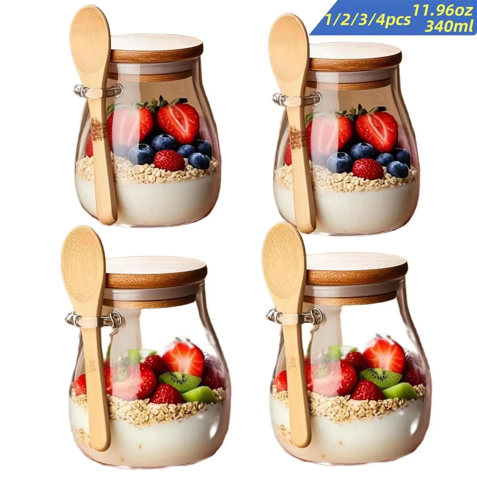 Glass Storage Jar with Lid & Spoon, 1/2/3/4 Counts Overnight-Oats Jar with Stickers & Pen, Food Storage Container for Yogurt, Spice, Salad, Kitchen, Glass Mason Jar, Glass Containers