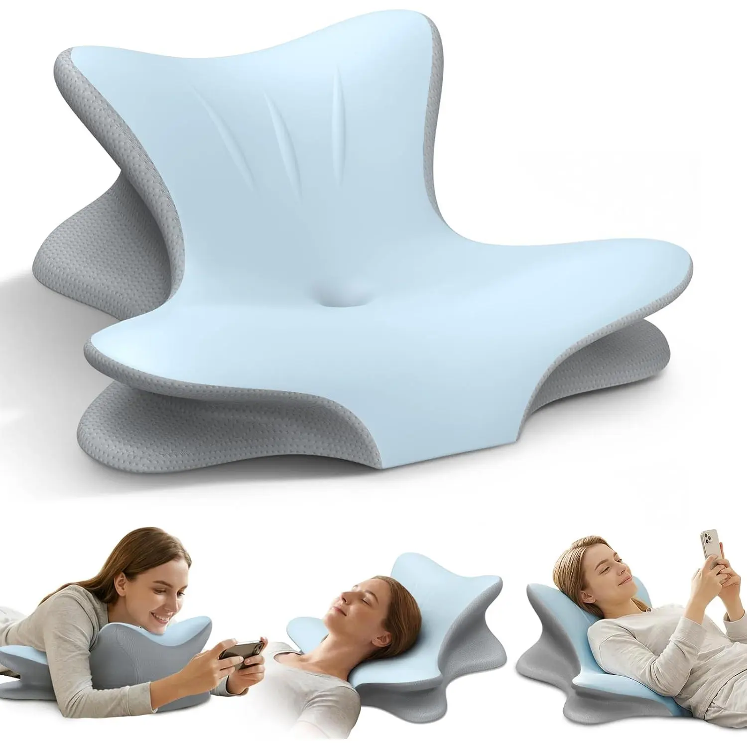 Cervical Neck Pillow for Pain Relief, Ergonomic Reading Pillow for Bed, Orthopedic Wedge Pillow Back Support Pillow, Contour Memory Foam Pillows for Sleeping, Couch Floor Use Lying Reading (Blue)