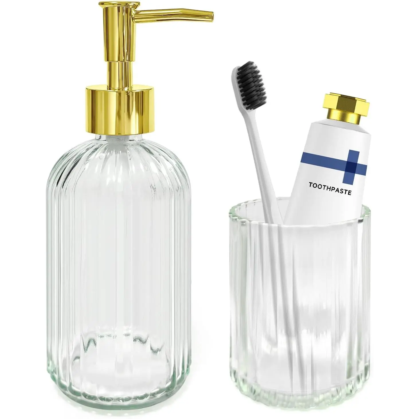 2 PCS Clear Glass Bathroom Accessory Sets, Clear and Gold Bathroom Set, Soap Dispenser and Toothbrush Holder Set for Modern Bathroom Decor, Vintage Gift