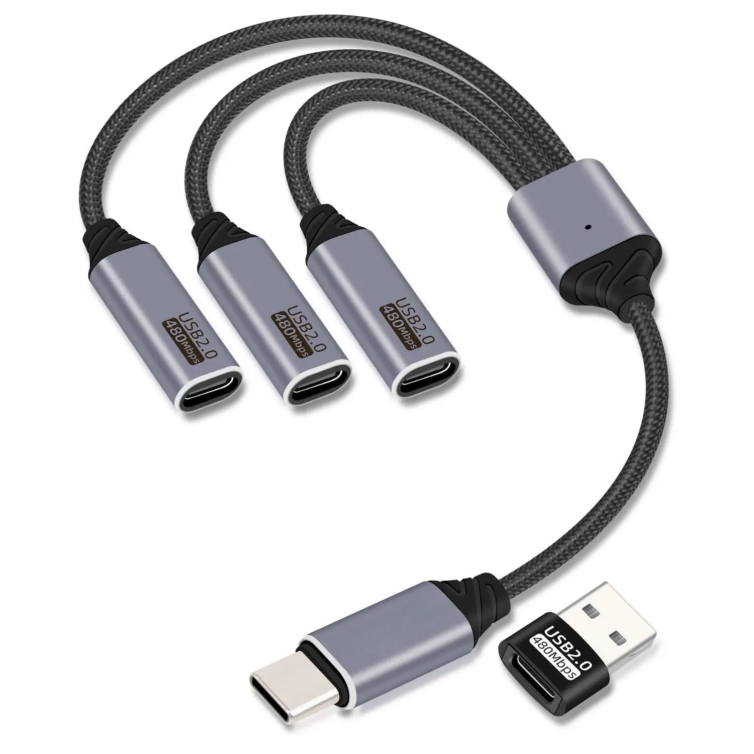 USB C Splitter 1 Male to 3 Female 25cm Hub - 3-Port USB 2.0 Extender with Data+Power, Plug-and-Play for Laptops/Keyboards