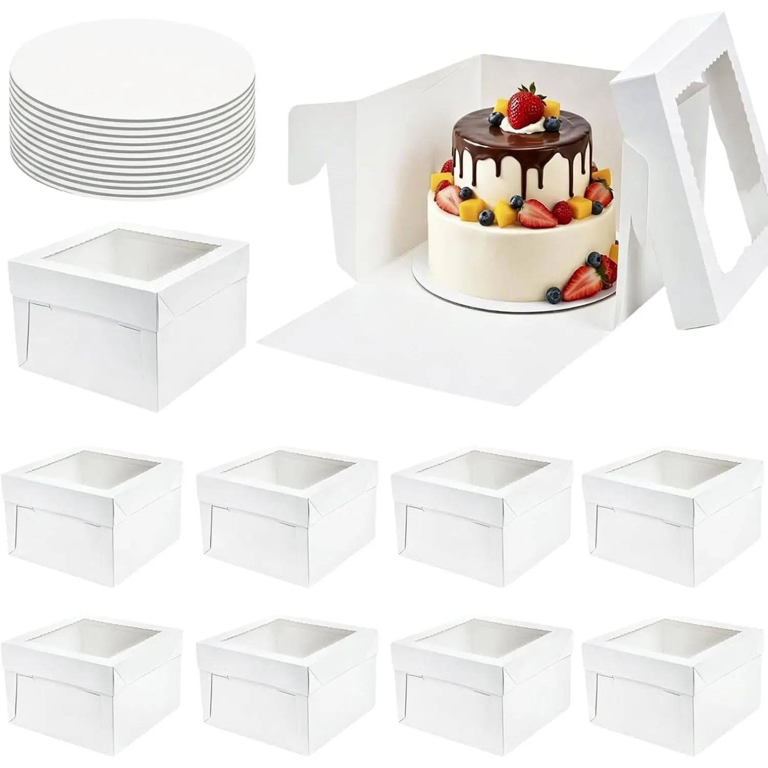 20 count Cake Boxes 12 Inch, Tall Cake Box with Window and Boards for Multi-Layer Cakes, 350g Thick Cardboard White Bakery Box for Mother's Day Wedding Birthday Cakes Transport Box (12x12x8 Inch)