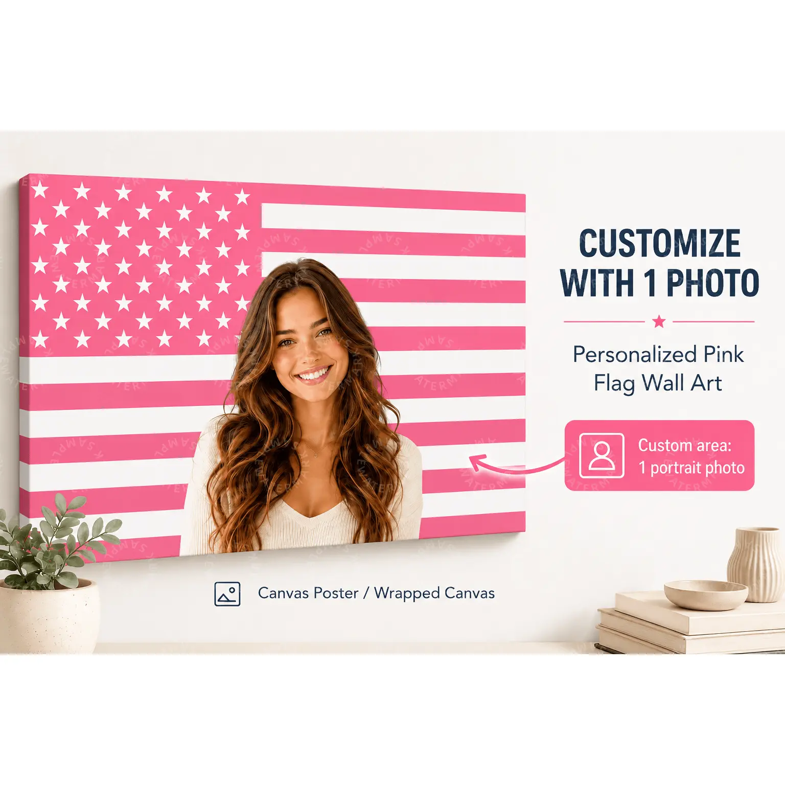 Custom Pink Flag Photo Poster, Personalized Portrait Canvas Wall Art, Pink Flag Wall Decor, Bedroom Living Room Dorm Decor, Gift For Her, Patriotic Style Aesthetic Poster Print