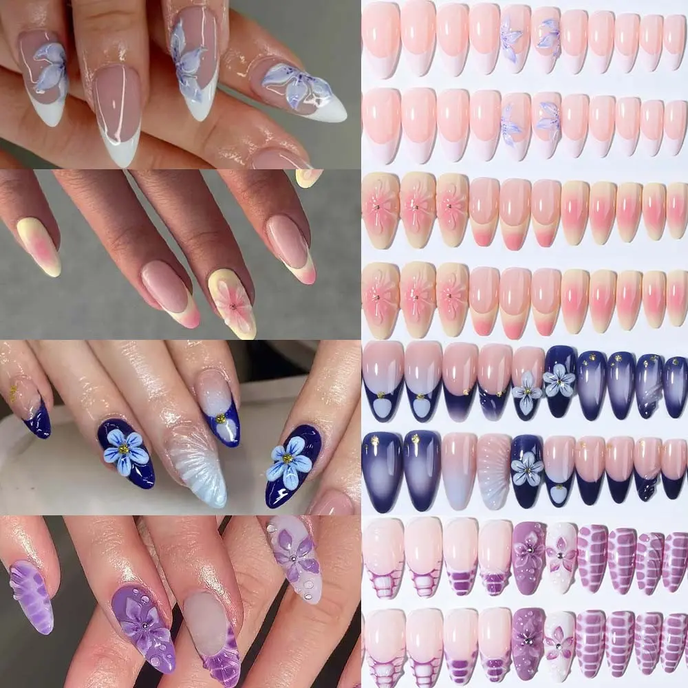 96pcs 3D Gel Nail Art Stickers, Nail Art Set, Nail Art Supplies, Rhinestone Flower Nails, Almond Shape, Includes Jelly Glue & File, Perfect for Women & Girls