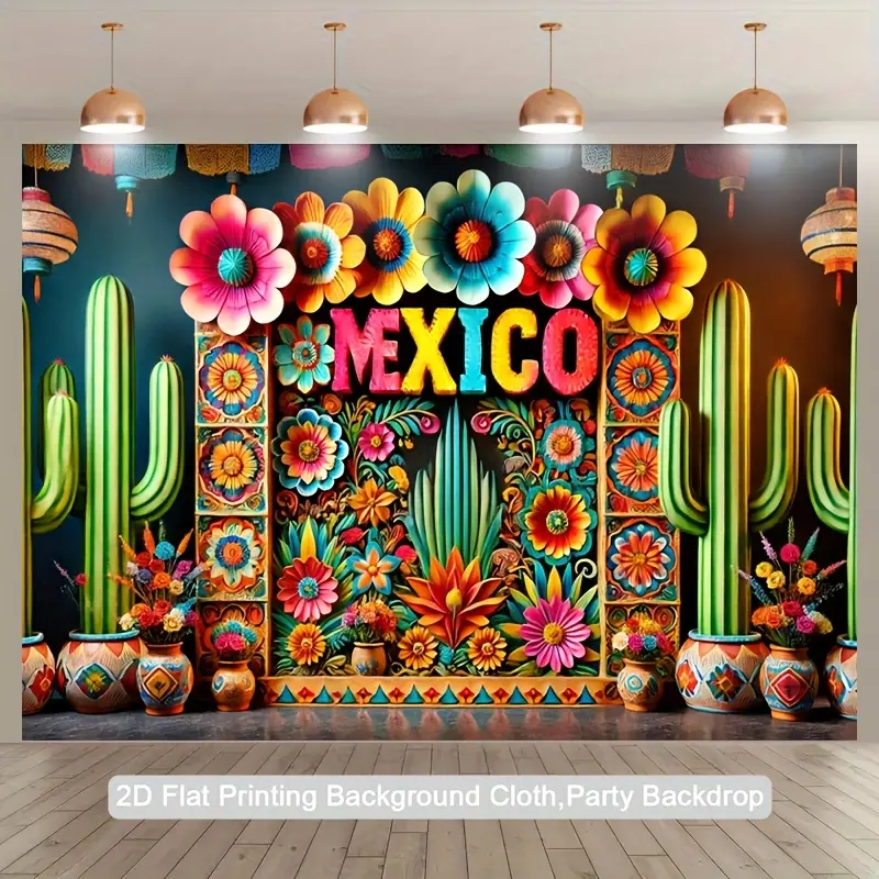 [Mexican Decorations Banner] 2D Flat Design Featuring Mexican Decorations, a Polyester Photographic Backdrop Banner for Parties, Indoor And Outdoor Banner Decorations, Studio Props for Photography, And Festive Birth