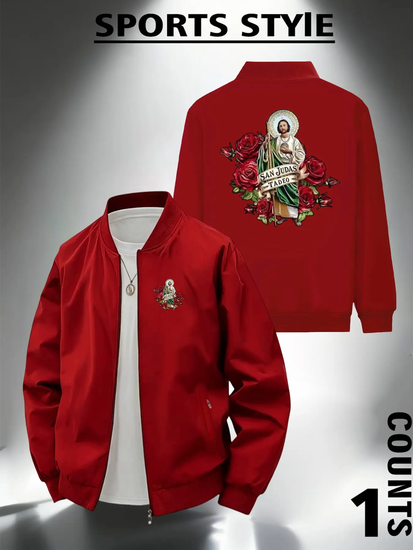 Men's Casual Stand Collar Jacket, Rose and Street Religion Graphic Print, Zipper Design, All Season Outerwear, Fitted Style
