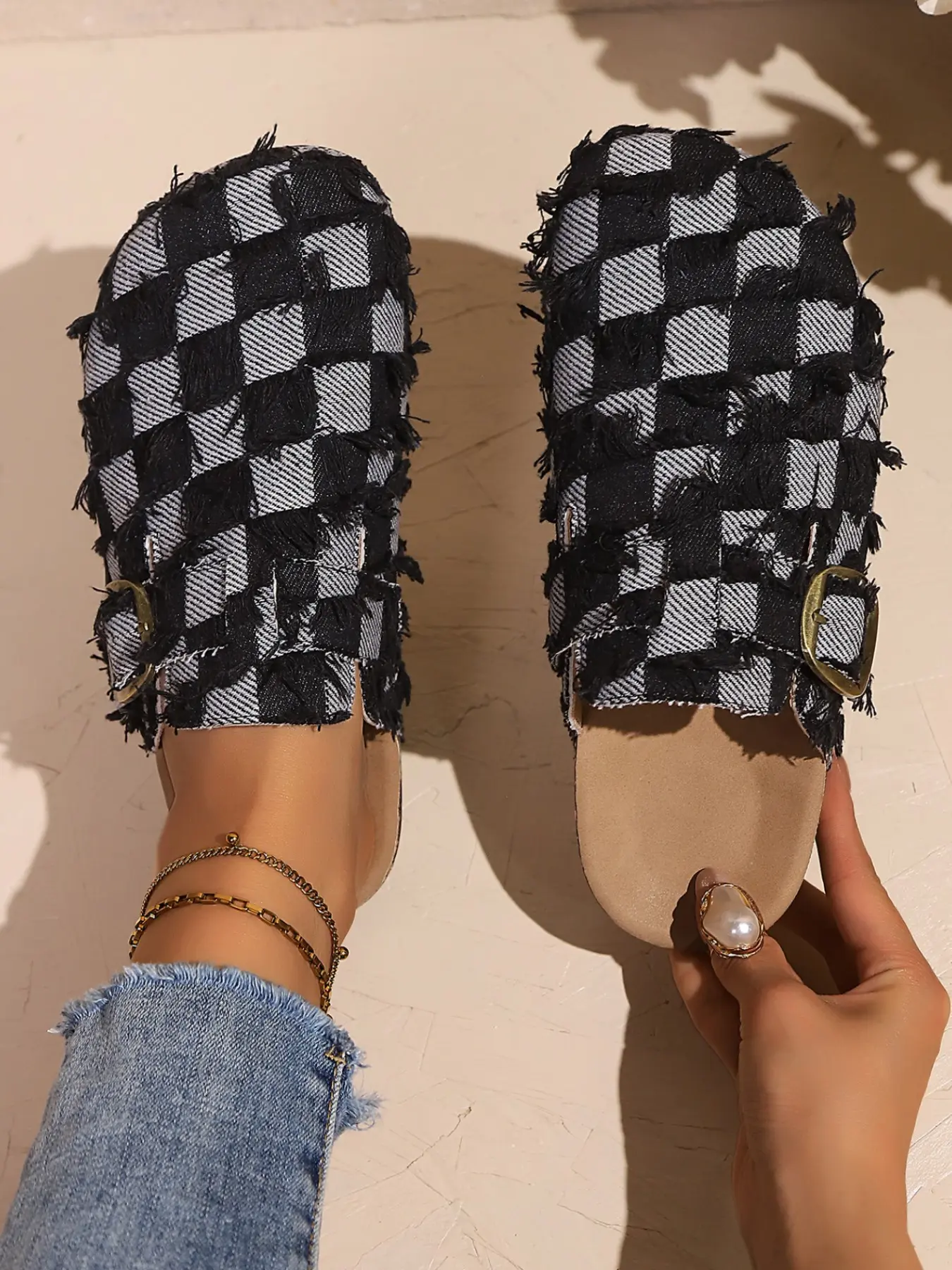 Women's Blue Plaid Denim Buckle Strap Mules, All Season Retro Fashion Style, 2 Colors Available, Plus Size, Square Toe Fringe Trim Flat, Versatile Daily Casual Slip On Clogs For Ladies
