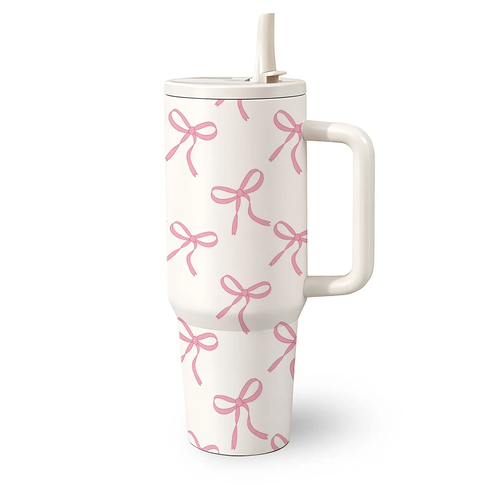 1 Pc 40 Oz Stainless Steel Tumbler with Handle and Folding Straw, Pink Bow Design, Valentines Tumbler, Double Wall Insulated Travel Mug, Hot 12H Cold 24H, Minimal Portable Drinkware, Birthday, Valentine's Day, Anniversary or Holiday Gift