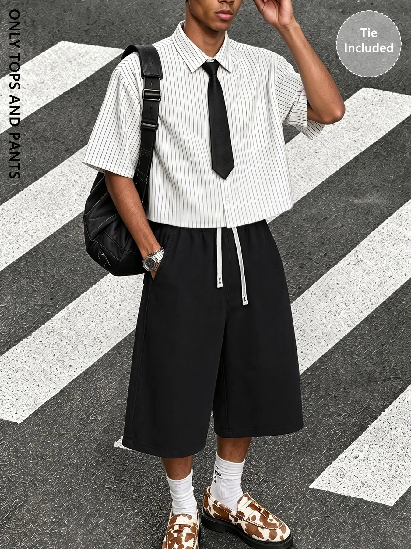 Two-Piece Men's College Style Set, White Pinstripe Cropped Shirt Regular Fit Knee Length Shorts, With Tie, Fashion Suit, Casual, For Urban Street Weekend Wear Outfit