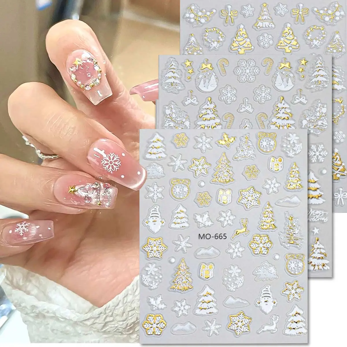 3 Sheets Christmas Nail Art Stickers, 5D Gold & Silver Foil Snowflake, Christmas Tree, Santa & Gift Box Designs, Self-Adhesive Winter Holiday Nail Decals for DIY Manicure & Salon