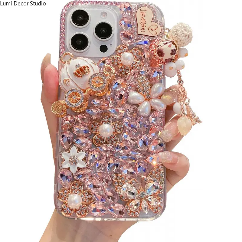 Pink Crystal Phone Case - Sparkly Rhinestone Protective Cover for 11-17 Plus and Pro Max Series Phones, Daily Carry and Luxury Style