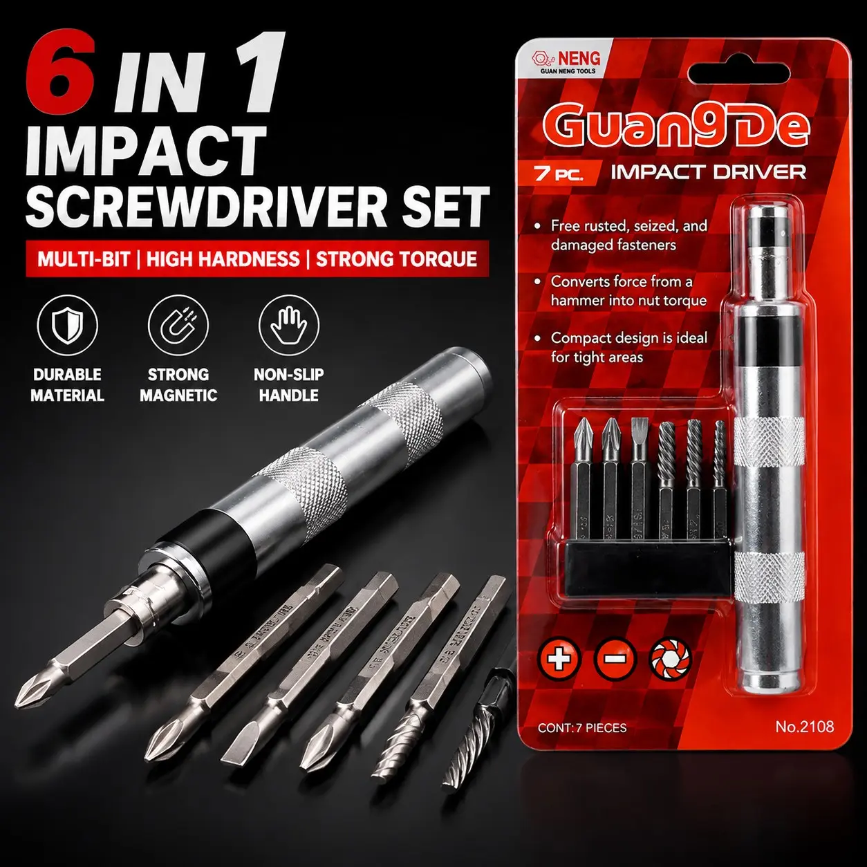 7-Piece 6-In-1 Impact Screwdriver Set, Multi-Functional Electric/manual Driver Kit, Non-Slip Metal Handle, Strong Magnet Bits, Home/car Repair Tools