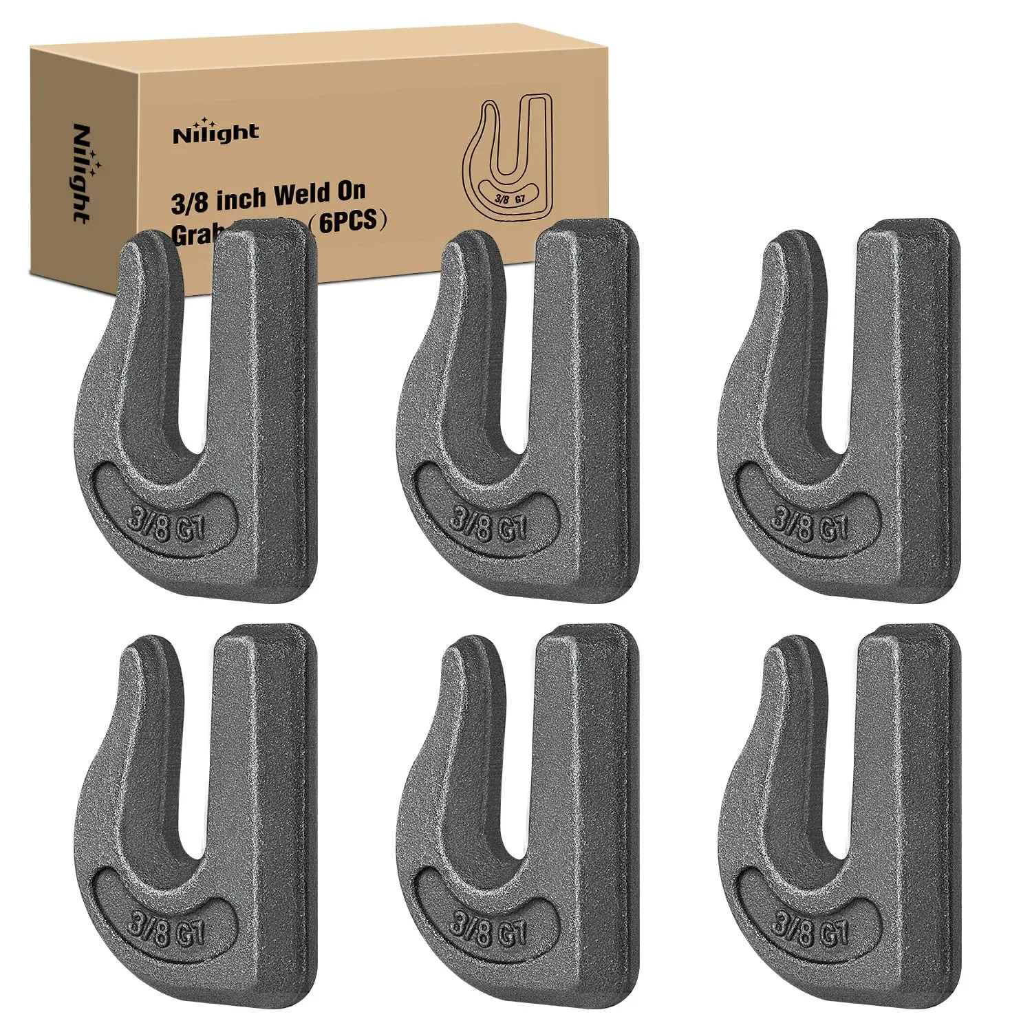 Nilight 6PCS Weld-On Forged Clevis Grab Chain Hooks 3/8 Inch Heavy Duty Forged Grade 70 Grade Utility Hook Weldable for Trailer Truck Rigging Car SUV RV UTV Tractors Work Loading Capacity 6600 LBS