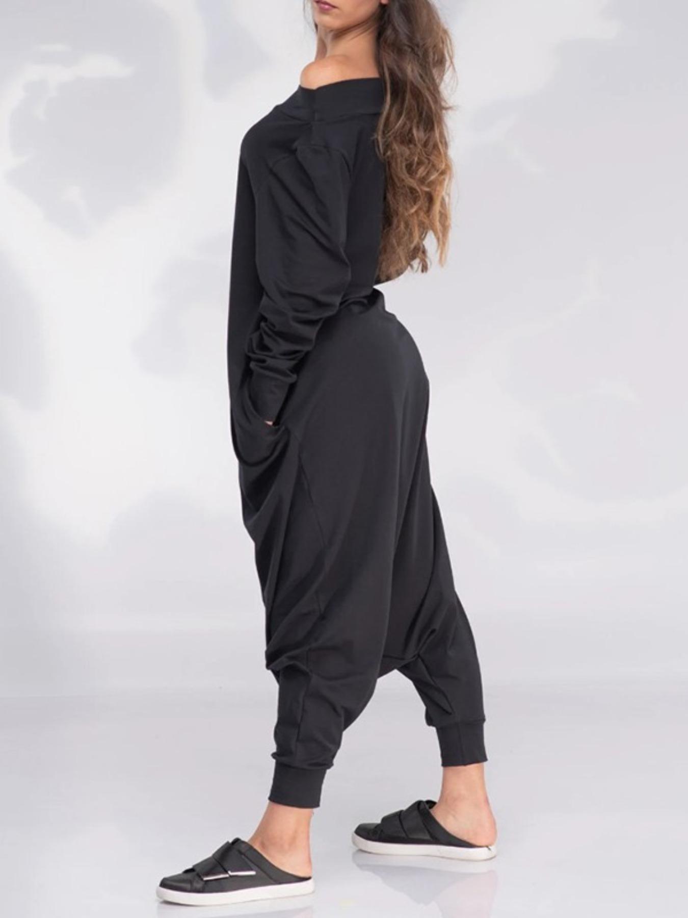 Women's Solid Woven Off-Shoulder Long Sleeve Jumpsuit Garment, Casual Comfy Loose Fit Jumpsuit for Spring & Fall, Ladies Clothes for Daily Wear, Womenswear