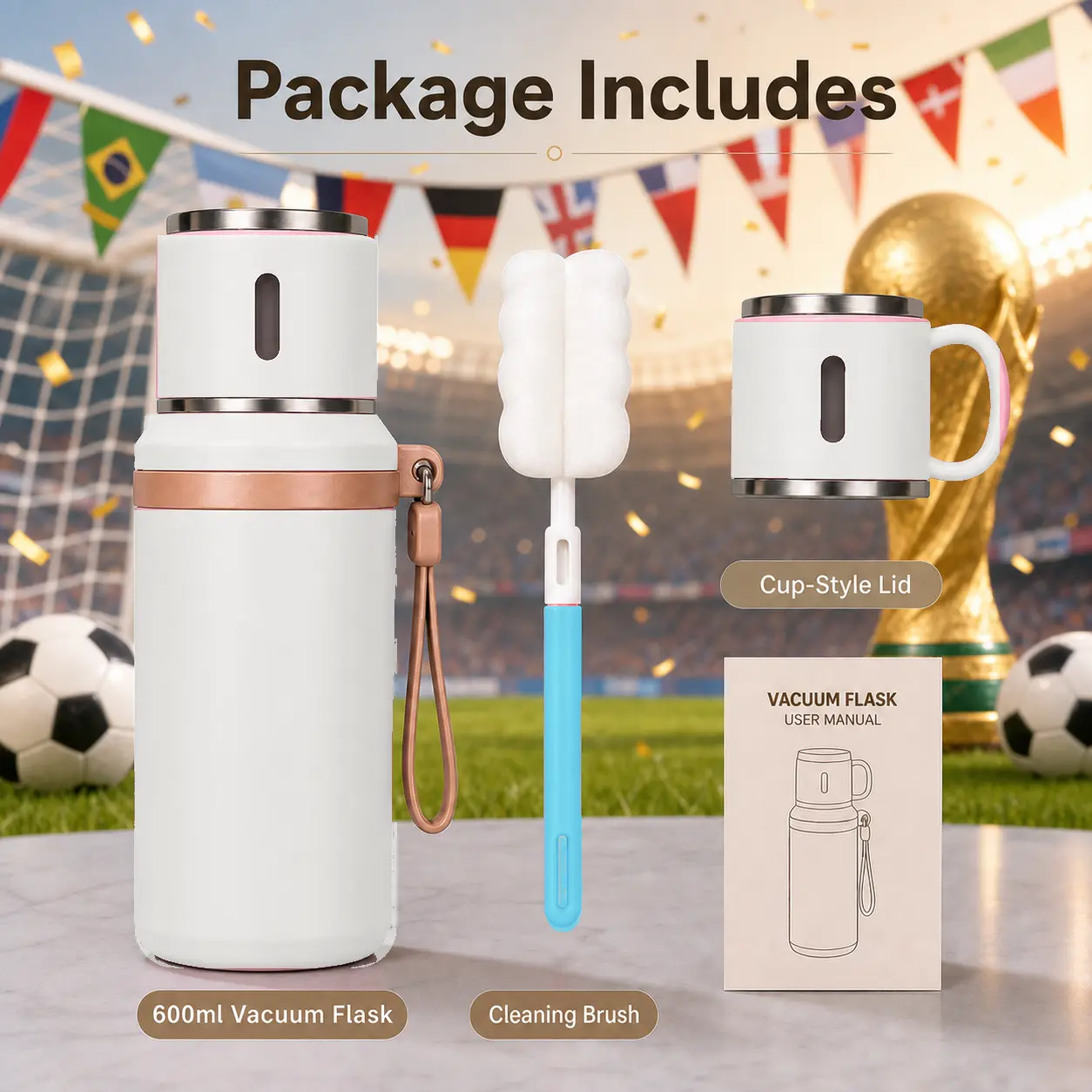 600ml Vacuum Insulated Flask, Portable 316 Stainless Steel Drinkware with Cup-Style Lid & Brush, Keeps Hot/Cold for Travel, Drinkware Accessories