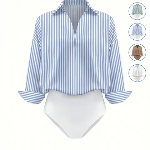 Women's Casual Striped Loose Minimalist Long Sleeve Shirt Stripes Print Bodysuit, Stylish One-Piece for Daily and Commuter Wear, Comfortable and Trendy Design