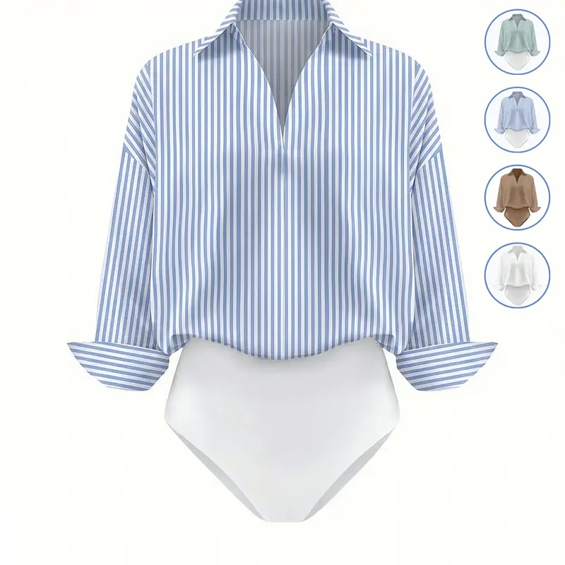 Women's Casual Striped Loose Minimalist Long Sleeve Shirt Stripes Print Bodysuit, Stylish One-Piece for Daily and Commuter Wear, Comfortable and Trendy Design