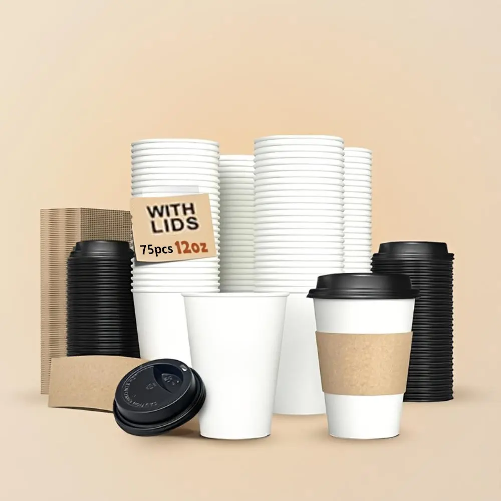 Disposable Coffee Cup with Lid & Sleeve, 12oz Disposable Coffee Cup, Disposable Tableware for Hot & Cold Drinks, Party Supplies, Disposable Cups, Paper Cup, Bulk Packaging, Protective Sleeves, Disposable Coffee Cups with Lids