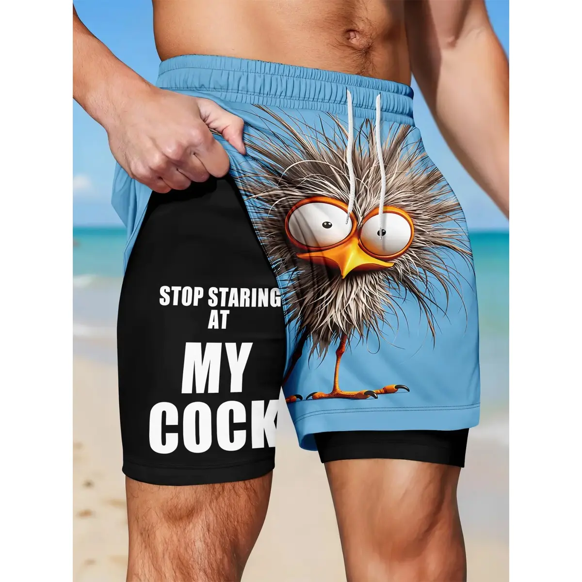 Men's Funny Casual Shorts, European Style Bird Pattern, Elastic Waist, Breathable Beach Pants, Summer Vacation Wear