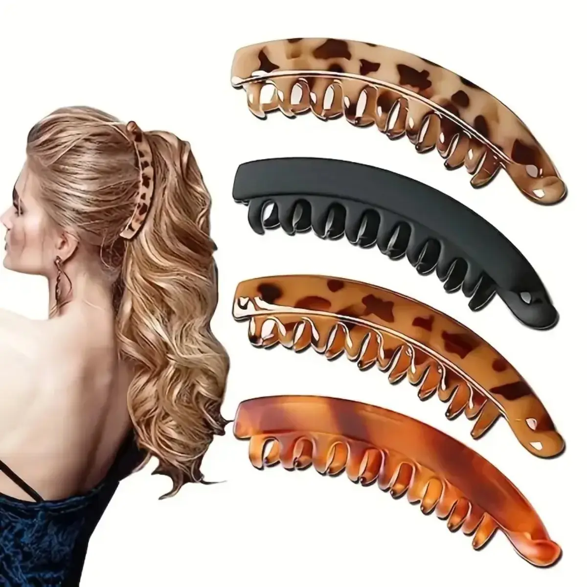4PCS Tortoiseshell Banana Hair Clips for Women, Non Slip Strong Hold Hair Barrettes for Thick Curly Hair, Stylish Accessories for Ponytails and Daily Hairstyles