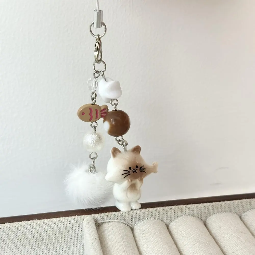 Sweet Healing Phone Charm for Girl with Kawaii Cat & Heart Pom Pom, Beaded Mini Strap for Bags & Phone Cases, Acrylic Beads, Wrist Lanyard, Anti-Drop, Daily Use, Mini Size, Accessories, Fluffy