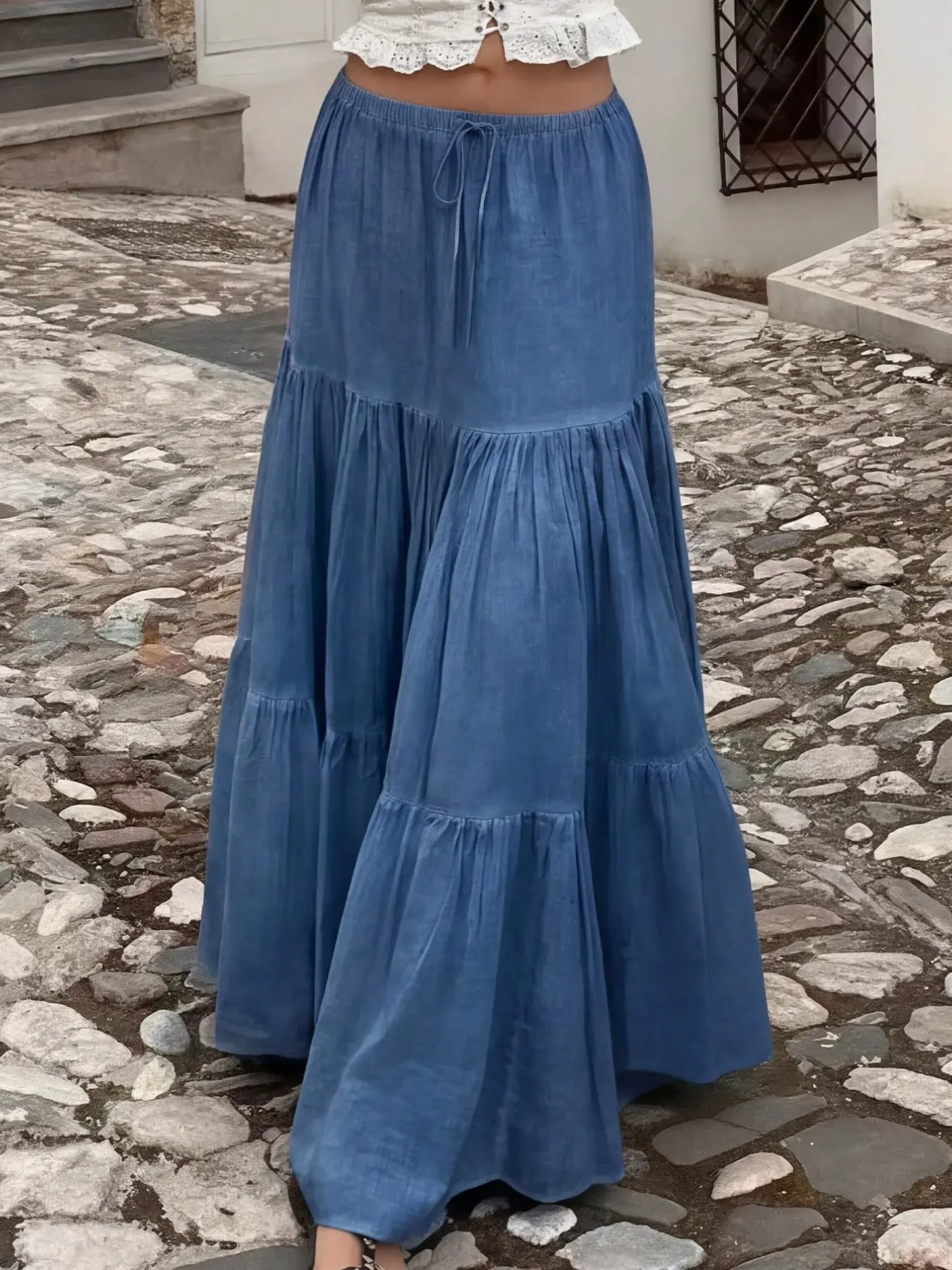 Women's Long Layered Skirt, Adjustable Drawstring Waist, Casual Fabric, Non-Elastic, Perfect for Everyday Wear, Comfortable and Stylish