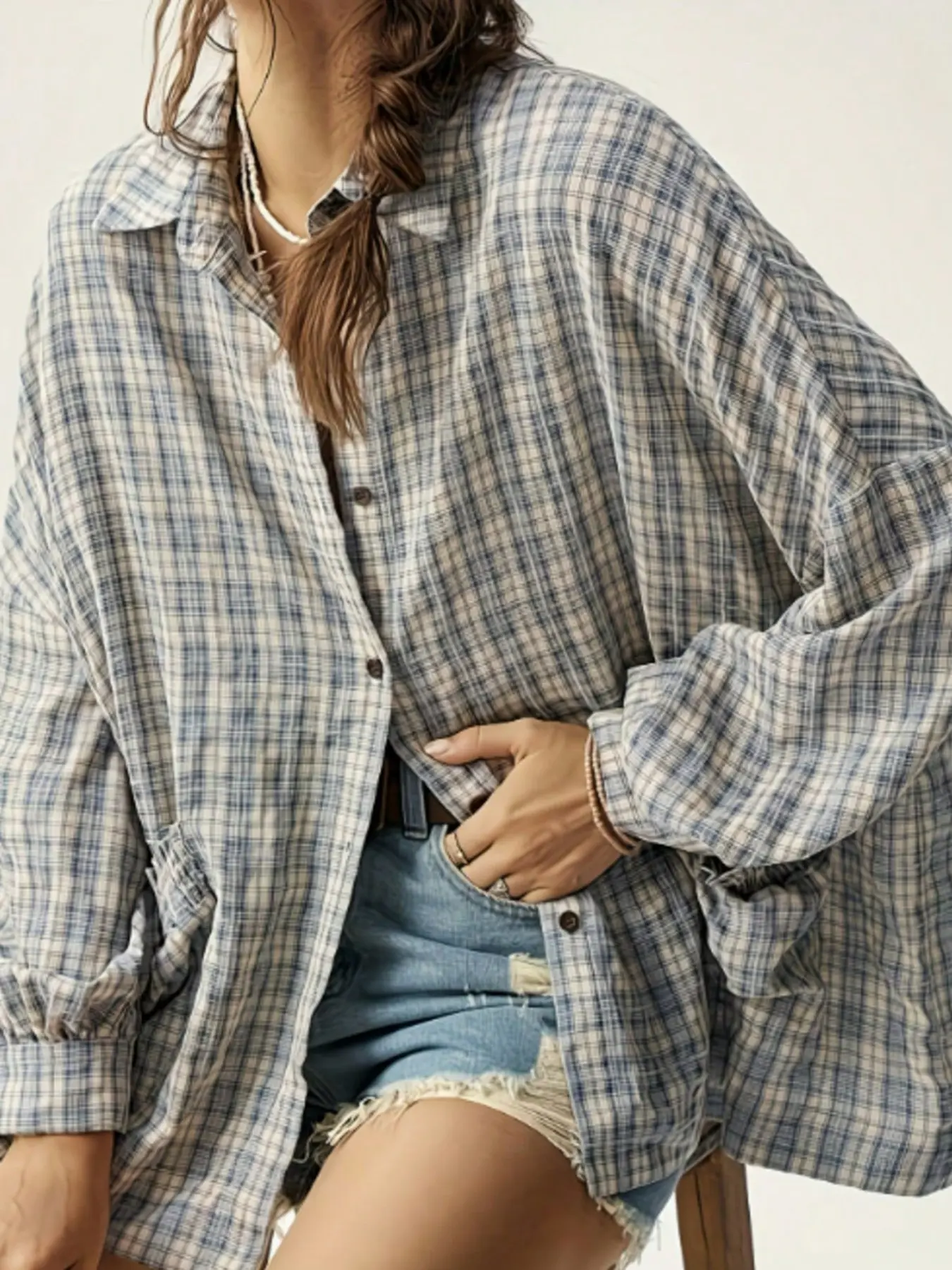 Women's Blue Plaid Oversized Baggy Pouch Pocket Long Sleeve Collared Shirt Blouses, Casual Comfy Collared, Comfortable Loose Fit Top, Vintage Street Casual Style Chic, All Seasons