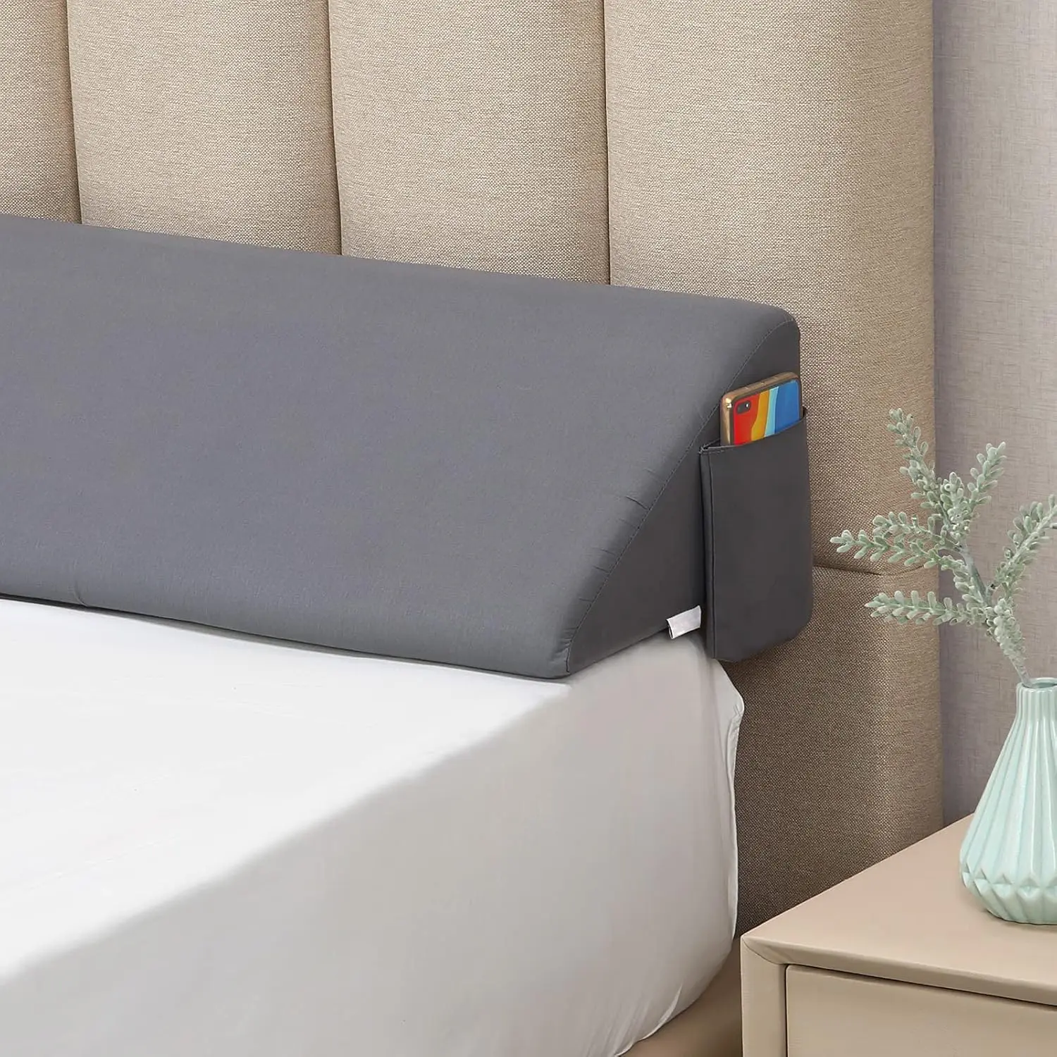 Full Wedge Pillow Headboard for Bed Gap, Bed Gap Filler 54"x10"x6" |   0-6" Mattress Gap Filler with Foam & Large Side Pockets, Washable Cover, Prevents Lost Pillows & Items, Gray