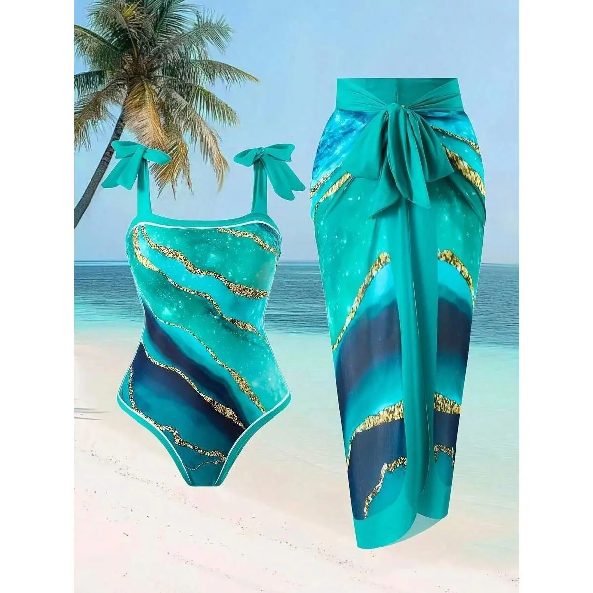 Teal Marble Print Bow Strap One Piece Swimsuit With Matching Sarong Cover Up Teal Marble Print Bow Strap One Piece Swimsuit With Matching Sarong Cover Up