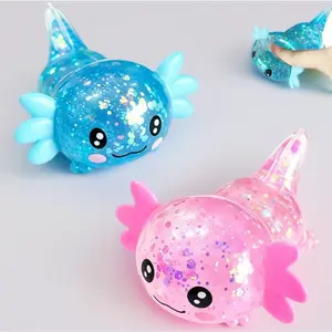2pack Glitter Axolotls Squishies Toy, Axolotls Stress Relief Toy,Soft Squeeze Sensory Fidget Gadget for Teen & Adult, Office Desk Decor, Party Favors (Blue+Pink)
