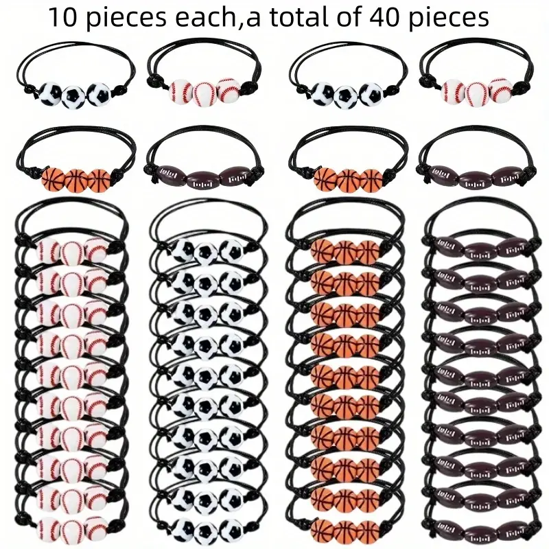 40pcs Unisex Beaded Ball Charm Bracelets with Sport Motifs, Casual Everyday Wear Costume Jewelry, Soccer-Basketball Softball Player Birthday Party Favors, Spartan Party Supplies (Beaded Balls Included)