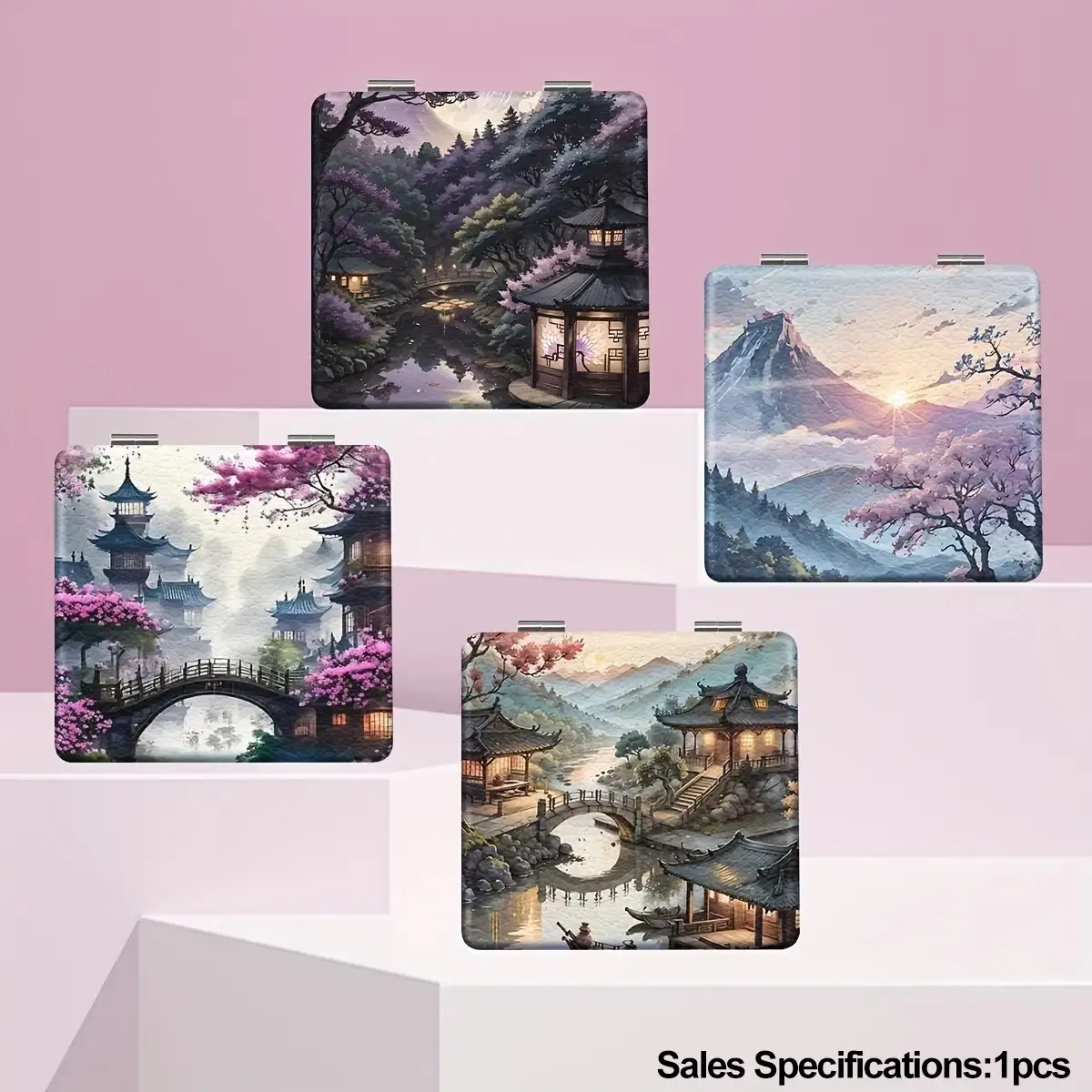 Vintage East Asian Landscape Foldable Compact Mirror, Japanese Cherry Blossom Pagoda Portable PU Makeup Mirror, Aesthetic Scenic Hand Mirror Gift for Birthday Valentine Wedding