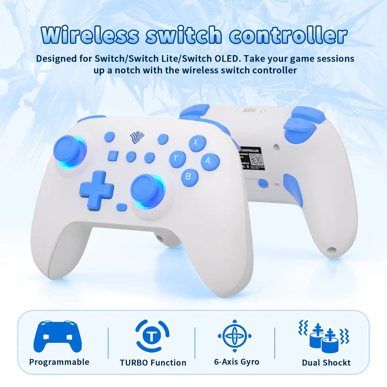 High-Performance Wireless Game Controller for Switch PC Steam Android iOS Windows, RGB LED Lights Ergonomic Design 800mah Battery
