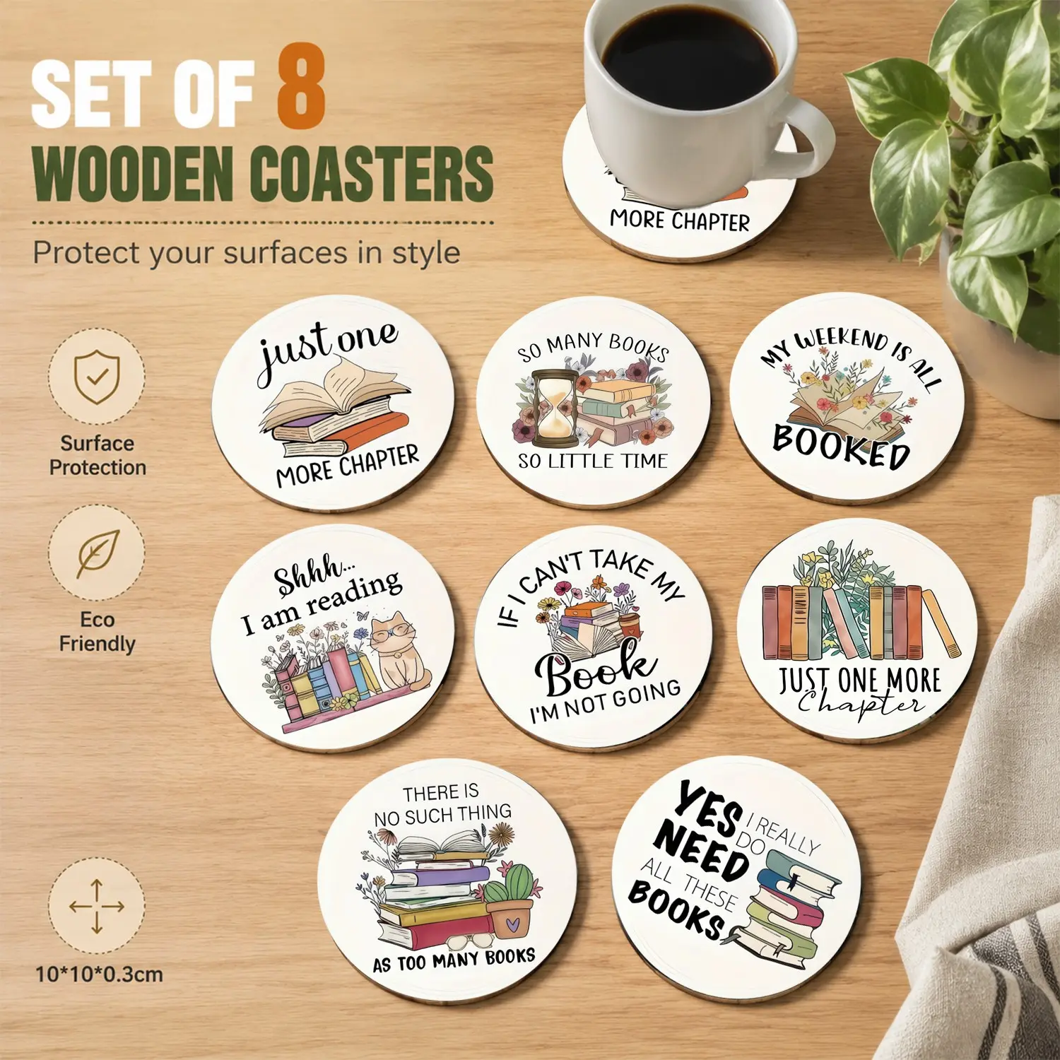 8PCS Book Lover Wooden Coasters | BookTok Viral Reader Quotes | "Just One More Chapter" & "My Weekend Is All Booked" | Coffee Bar & Reading Nook Decor | Eco Wood Heat Resistant | Perfect Gift for Bookworm 📚
