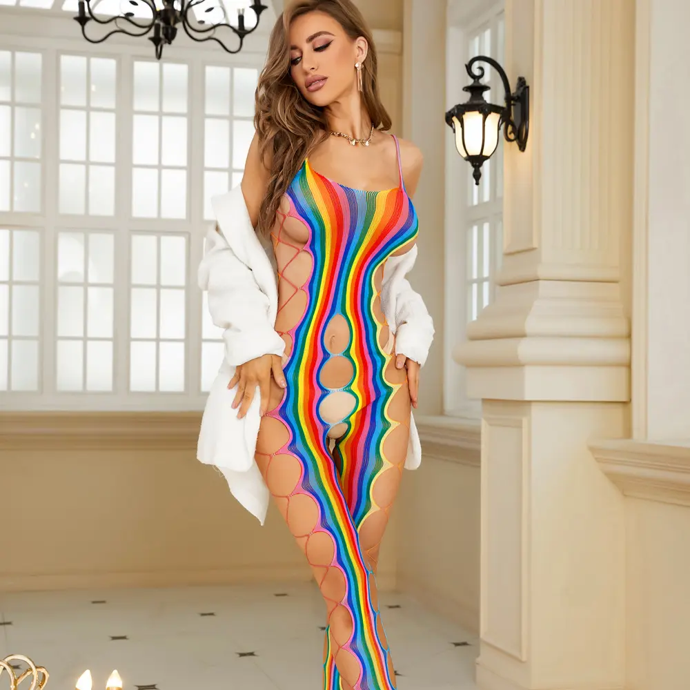 Women's Striped Sleeveless Rainbow Fishnet Bodysuit, Poly-Cotton Spaghetti Strap Cutout Hollow-Out See-Through Mesh Lingerie, Stretch Leisurewear for Nightclub Intimate Outfits