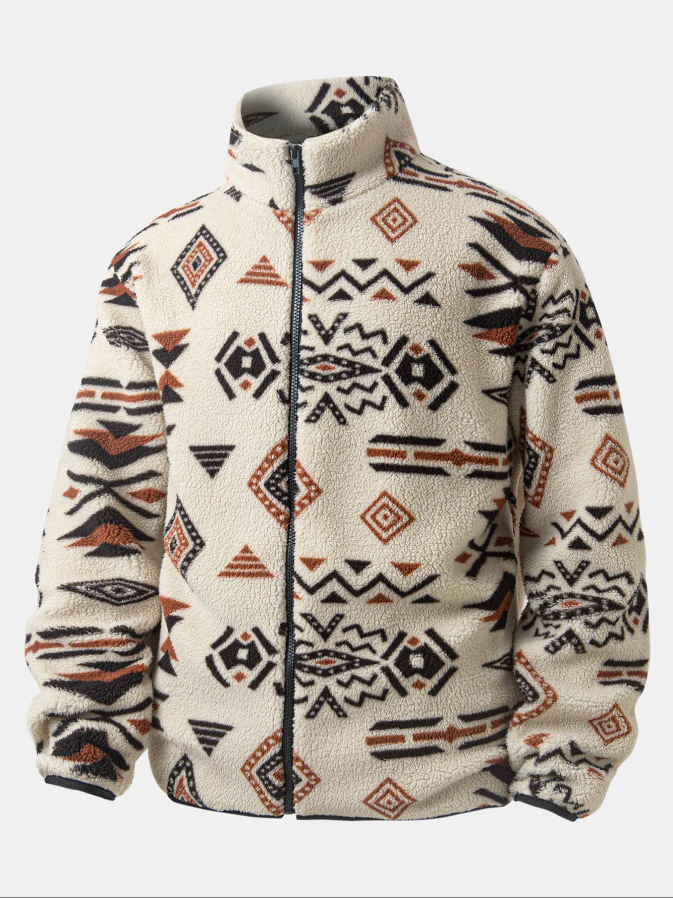 Men's Ethnic Style Fleece Jacket Coat, Casual Fashion Coat, Zipper Design, Loose Fit, Fall & Winter Wear, Casual Men's Clothing, Christmas Gift Idea
