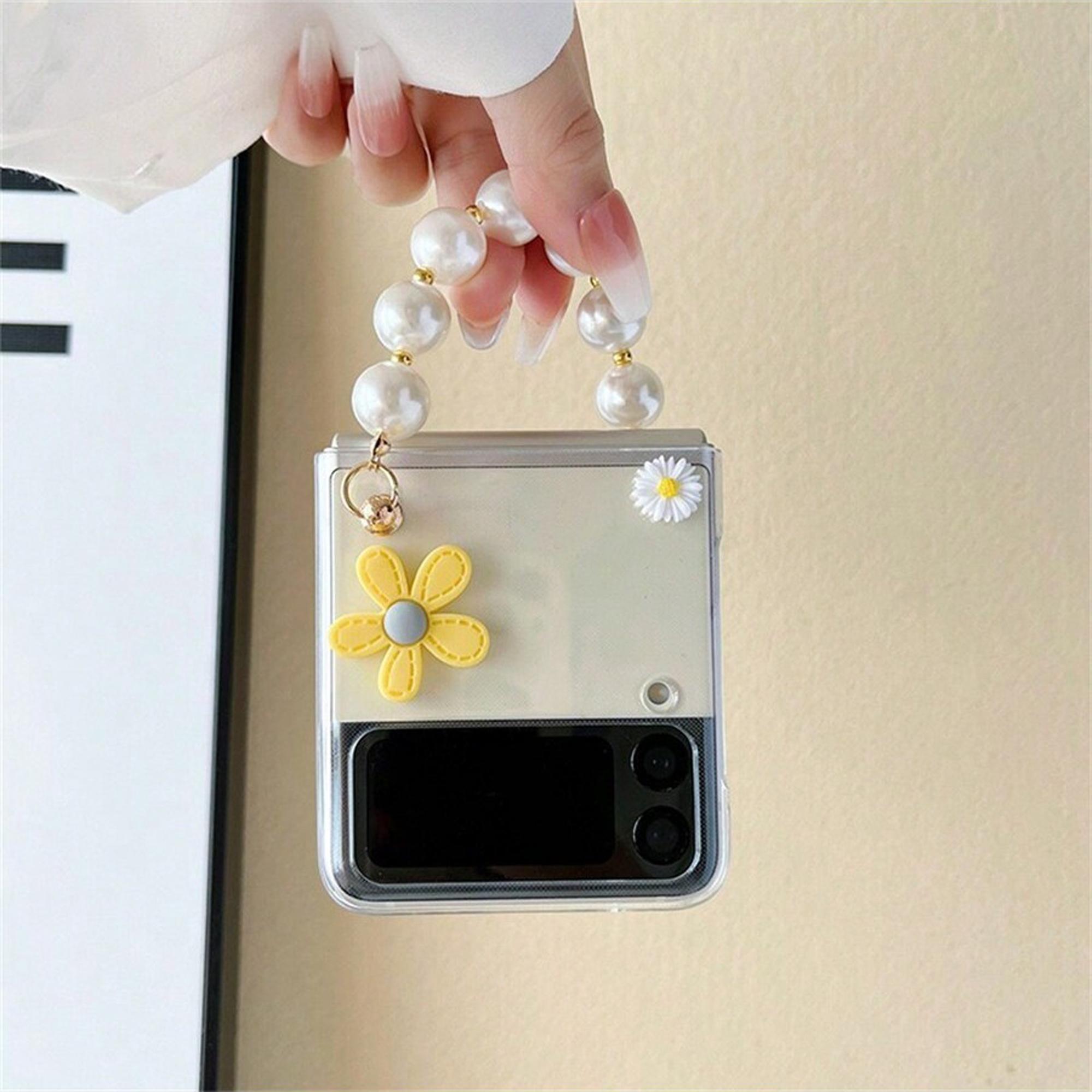 Cute Flower Design Phone Case with Pearl Chain, Fashion Phone Protective Cover, Phone Accessories Compatible with Samsung Galaxy Z Flip 3 4 5 6