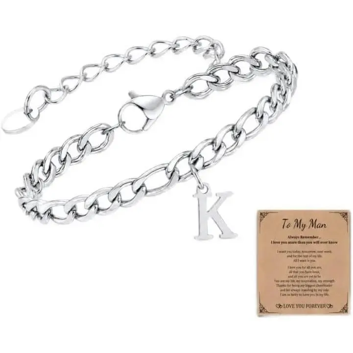Gamtic Initial Bracelet for Men, Stainless Steel Letter Bracelet, Adjustable A-Z Letter Charm Link Bracelet, Personalized Jewelry Gift for Him