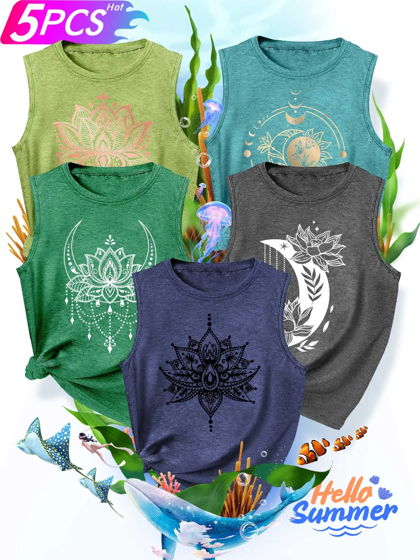 5PCS Women's Crew Neck Tank Top, Sleeveless Vest Tops, Elegant Lotus & Moon Mystical Aesthetic Print, multi-color, washable, soft summer top, Summer Clothes