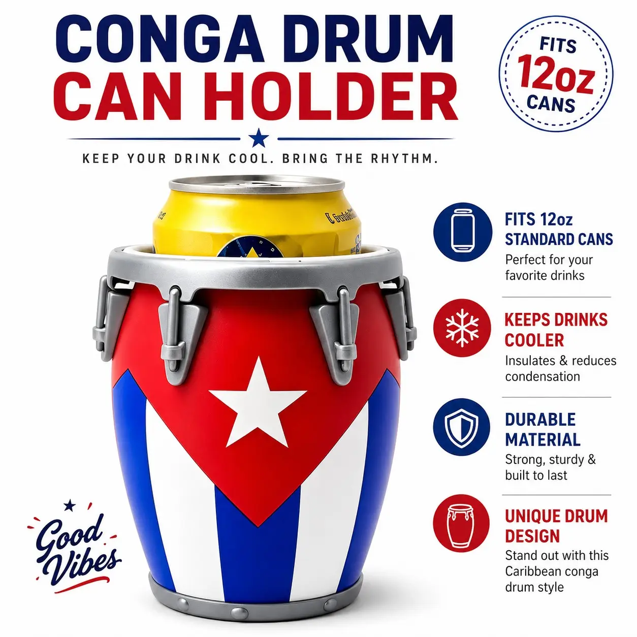 Puerto Rico Conga Style Plastic Can Holder, Caribbean Drum Beer Sleeve for 12oz Cans, Tropical Beverage Holder for Beach BBQ Parties