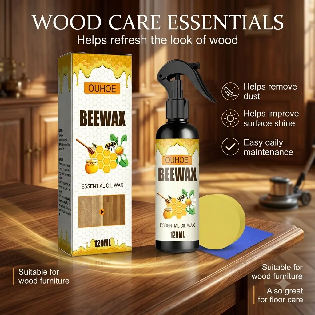 Furniture Beeswax Spray, Wood Furniture Polish and Floor Care Wax for Tables, Cabinets, Chairs, Doors, Wood Floors, Dust, Dirt, Scratch Cover Care, Shine Care and Daily Home Use