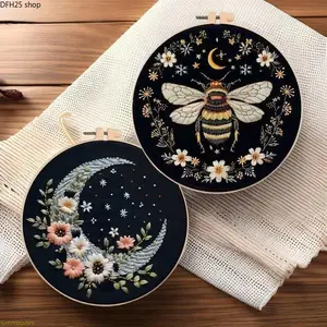 Butterfly and Moon Embroidery Kit for Beginners, DIY Hand Stitch Needlework Craft Set with Pattern Guide for Home Decor and Creative Sewing