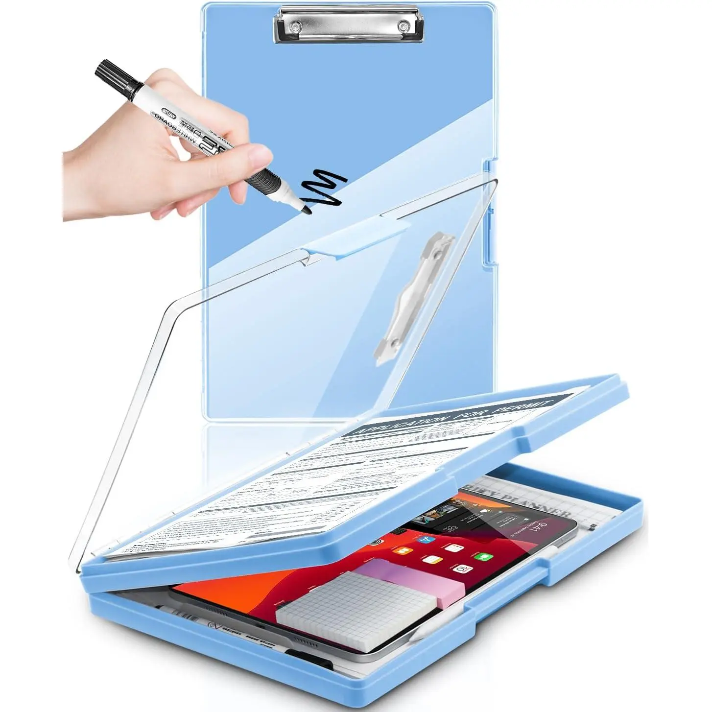 Clipboard with Storage, Nurse Dry Erase Clip Board, 8.5x11,  Blue |  Compartments, Clearview Dry Erase Panel, High Capacity Storage, Heavy Duty, Pen Holder, Side Opening, School/Office Use