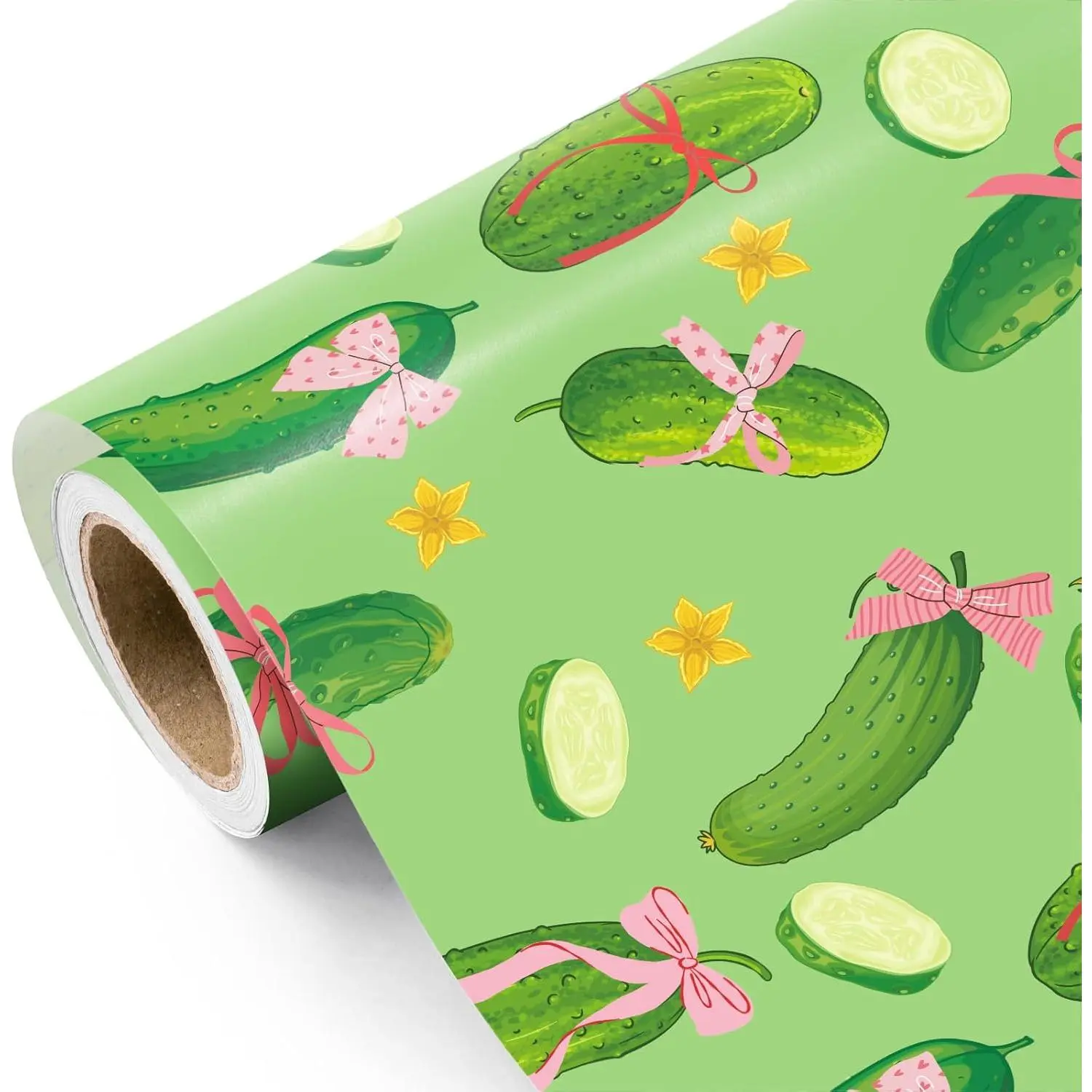 WRAPAHOLIC Funny Pickle Wrapping Cute Green Cucumber & Pickle Design Gift Wrap Paper with Pink Bow for Adults, Food Lovers, Birthday Party, Anniversary, Funny Gifts and Pickle Themed Celebrations, Paper Roll - 17 Inch x 16.5 Feet -